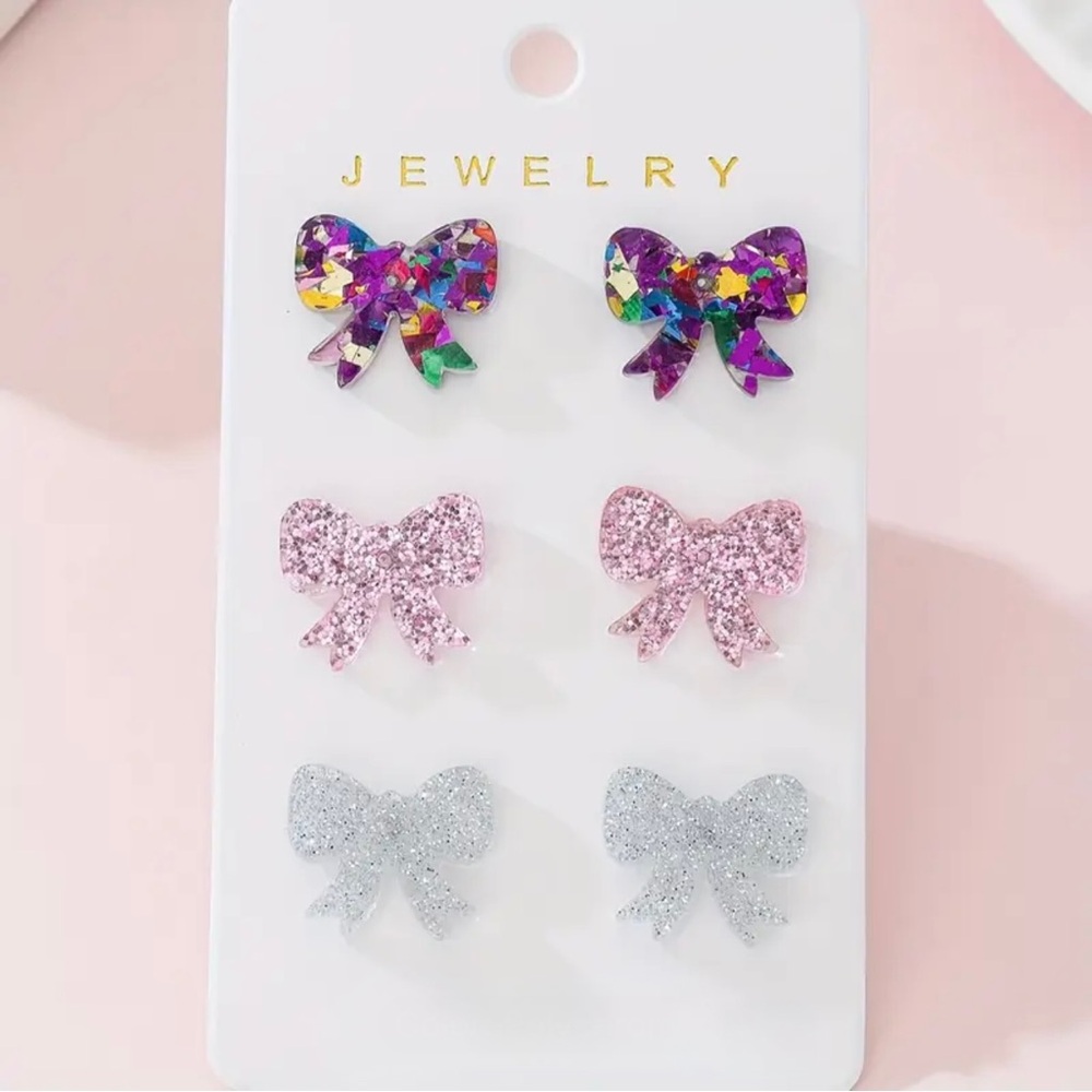 Acrylic Bow Earrings Set – Glitter Pink, Silver & Rainbow Multicolor Bows
